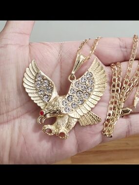 Gold Eagle Pendant Necklace with Clear Crystal Accents - Men Accessories Jewelry